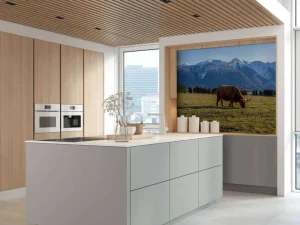 Best Hooglander met ingesneeuwde bergen fotobehang Dieren