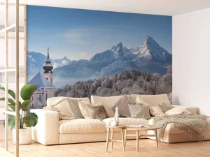 New Ingesneeuwde bergen fotobehang Bloemen