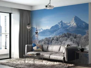 New Ingesneeuwde bergen fotobehang Bloemen