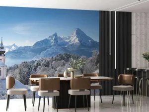 New Ingesneeuwde bergen fotobehang Bloemen