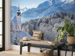 New Ingesneeuwde bergen fotobehang Bloemen