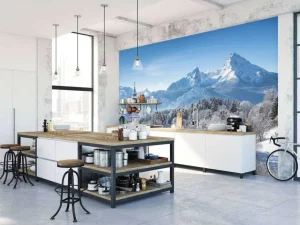 New Ingesneeuwde bergen fotobehang Bloemen