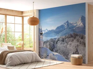 New Ingesneeuwde bergen fotobehang Bloemen