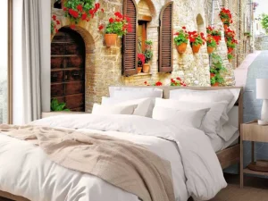 Online Italiaans straatje met veel bloemen fotobehang Architectuur