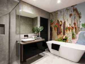 Online Italiaans straatje met veel bloemen fotobehang Architectuur