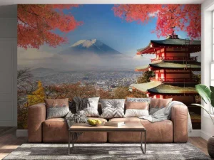 Online Japans gebouw met de berg Fuji op de achtergrond fotobehang Architectuur