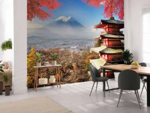 Online Japans gebouw met de berg Fuji op de achtergrond fotobehang Architectuur