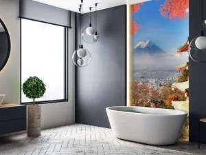 Online Japans gebouw met de berg Fuji op de achtergrond fotobehang Architectuur