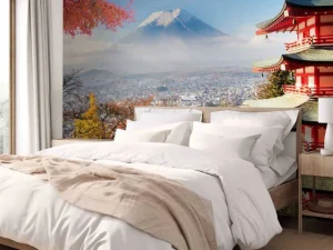 Online Japans gebouw met de berg Fuji op de achtergrond fotobehang Architectuur