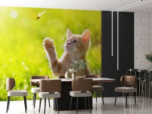 Fashion Jonge kat probeert een vlinder te vangen fotobehang Kinderkamer | Dieren