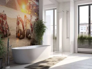 Online Kamelen met de piramiden op de achtergrond fotobehang Architectuur