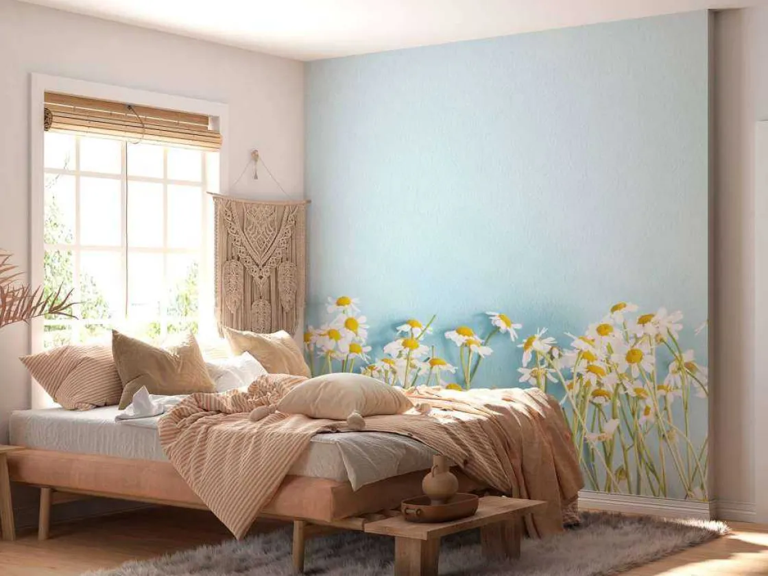 kamille_bloemen_met_een_b_1.webp Clearance Kamille bloemen met een blauwe achtergrond fotobehang Slaapkamer | Bloemen