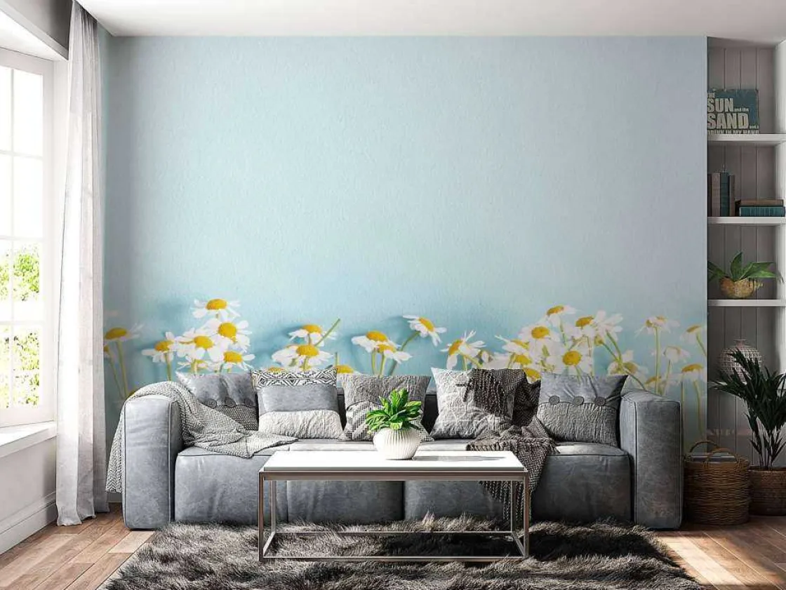 kamille_bloemen_met_een_b_10.webp Clearance Kamille bloemen met een blauwe achtergrond fotobehang Slaapkamer | Bloemen