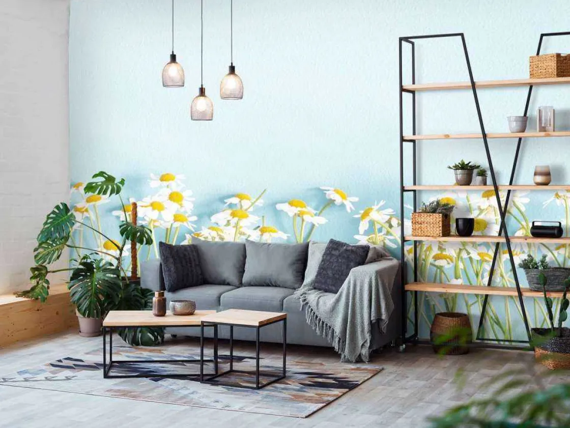 kamille_bloemen_met_een_b_2.webp Clearance Kamille bloemen met een blauwe achtergrond fotobehang Slaapkamer | Bloemen