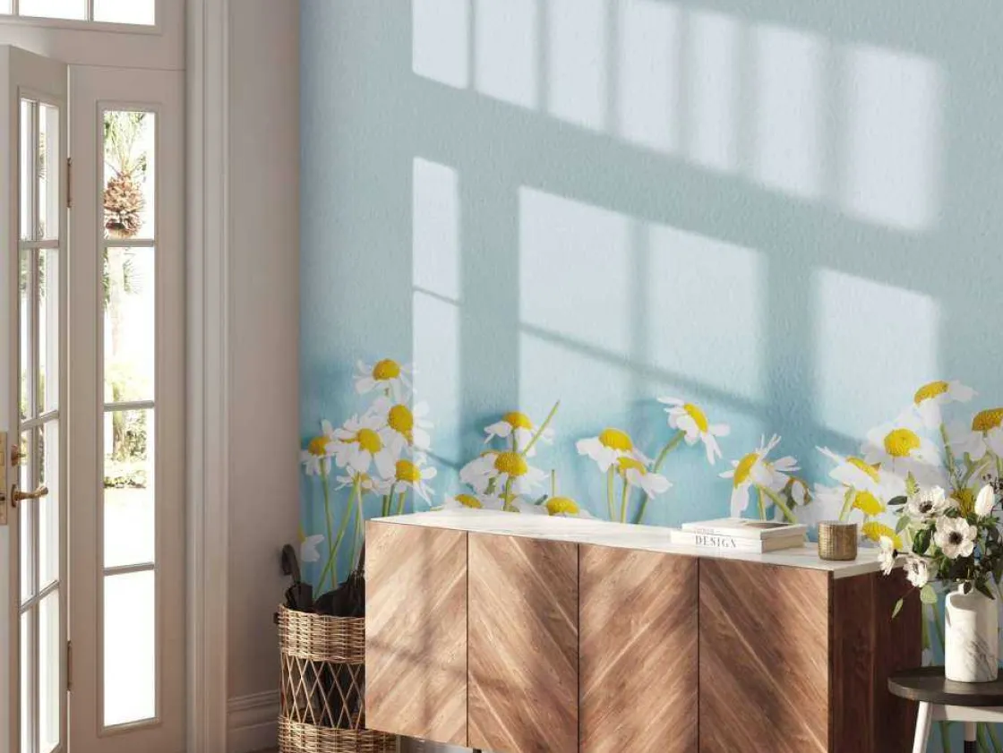 kamille_bloemen_met_een_b_4.webp Clearance Kamille bloemen met een blauwe achtergrond fotobehang Slaapkamer | Bloemen