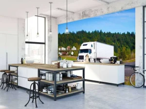 Sale Krachtige witte vrachtwagen in een berglandschap fotobehang Tienerkamer | Kinderkamer