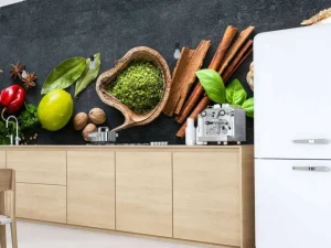 Clearance Kruiden en specerijen met een donkere achtergrond fotobehang Keuken