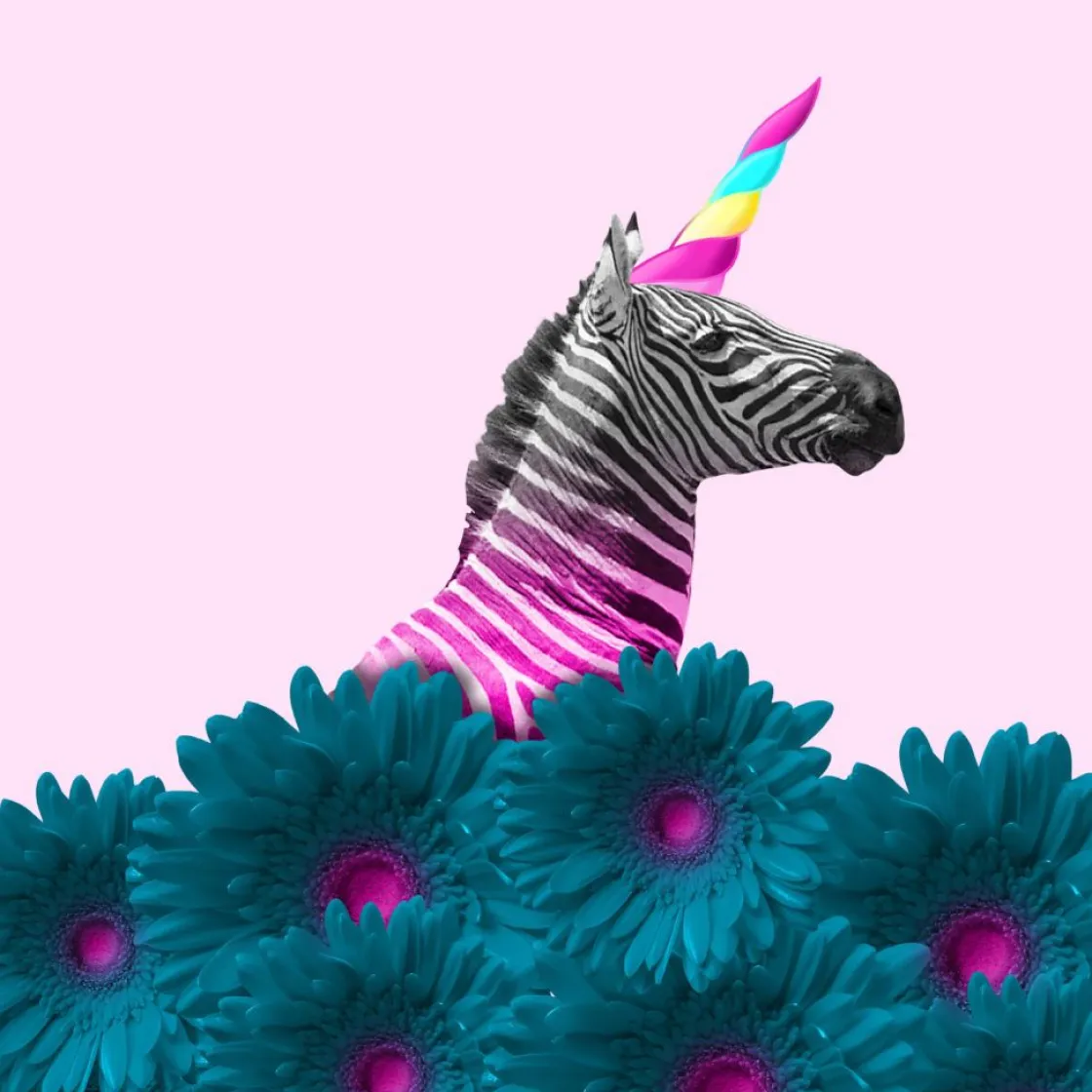 kruising_van_een_zebra_en_0.webp Discount Kruising van een zebra en eenhoorn met blauw-paarse bloemen fotobehang Dieren | Bloemen