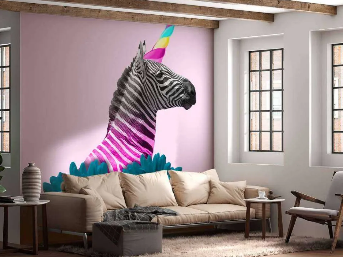 kruising_van_een_zebra_en_10.webp Discount Kruising van een zebra en eenhoorn met blauw-paarse bloemen fotobehang Dieren | Bloemen