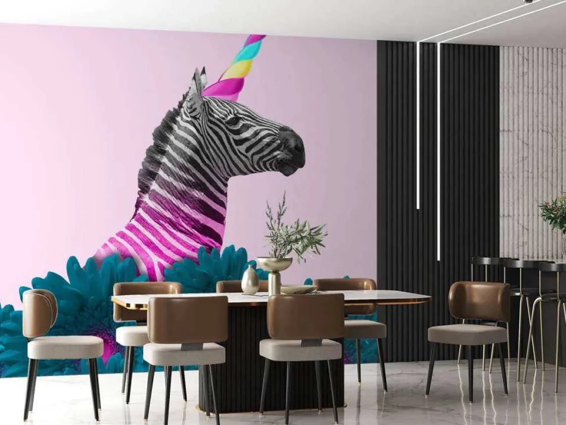 kruising_van_een_zebra_en_3.webp Discount Kruising van een zebra en eenhoorn met blauw-paarse bloemen fotobehang Dieren | Bloemen