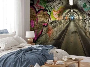 Outlet Lange ondergrondse tunnel met graffiti op de muren fotobehang Kunst & Design | 3d