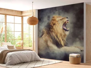 Online Leeuw in rook met een donkere achtergrond fotobehang Tienerkamer | Dieren