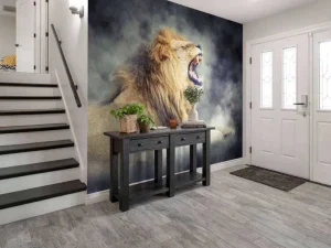Online Leeuw in rook met een donkere achtergrond fotobehang Tienerkamer | Dieren