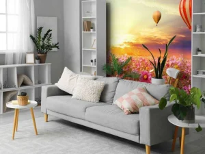 Online Luchtballonnen boven een bloemenveld fotobehang Transport | Bloemen