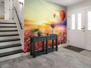 Online Luchtballonnen boven een bloemenveld fotobehang Transport | Bloemen