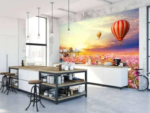 Online Luchtballonnen boven een bloemenveld fotobehang Transport | Bloemen