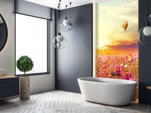 Online Luchtballonnen boven een bloemenveld fotobehang Transport | Bloemen