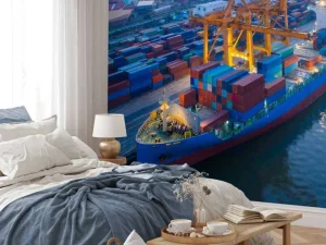 Online Luchtfoto van een containerschip in de haven fotobehang Transport | Steden