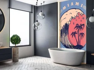 Online Miami logo met een donkerblauwe achtergrond fotobehang Tienerkamer