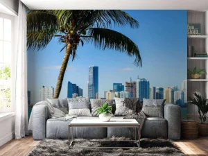 New Miami skyline met een palmboom op de voorgrond fotobehang Architectuur