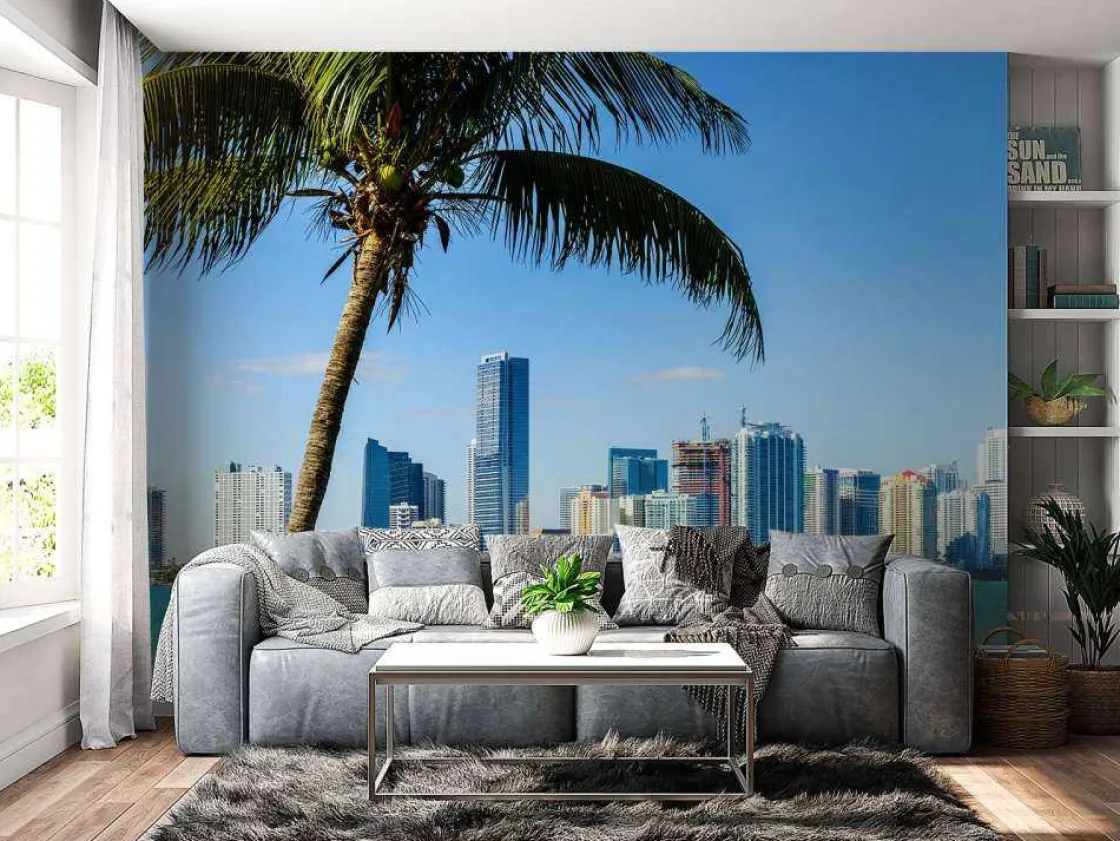 miami_skyline_met_een_pal_10.webp New Miami skyline met een palmboom op de voorgrond fotobehang Architectuur