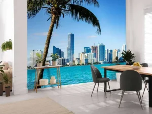 New Miami skyline met een palmboom op de voorgrond fotobehang Architectuur
