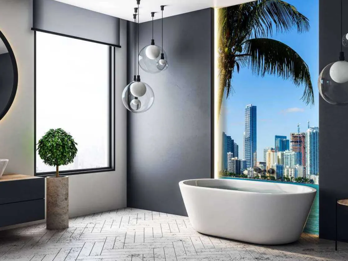 miami_skyline_met_een_pal_7.webp New Miami skyline met een palmboom op de voorgrond fotobehang Architectuur