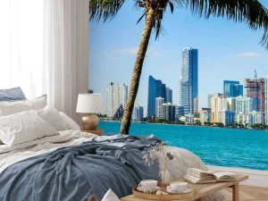 New Miami skyline met een palmboom op de voorgrond fotobehang Architectuur