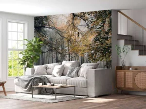 Online Mistig Herfst Bos met veel Bomen fotobehang Bloemen