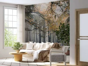 Online Mistig Herfst Bos met veel Bomen fotobehang Bloemen
