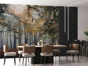 Online Mistig Herfst Bos met veel Bomen fotobehang Bloemen
