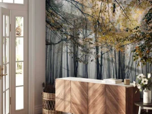 Online Mistig Herfst Bos met veel Bomen fotobehang Bloemen