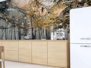 Online Mistig Herfst Bos met veel Bomen fotobehang Bloemen