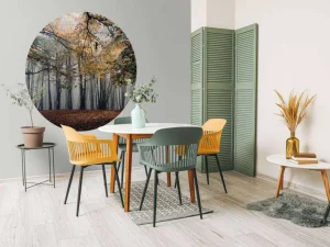 Online Mistig Herfst Bos met veel Bomen fotobehang Bloemen