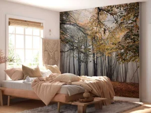 Online Mistig Herfst Bos met veel Bomen fotobehang Bloemen