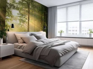 Outlet Mistige bosweg bij zonsopkomst fotobehang Bloemen