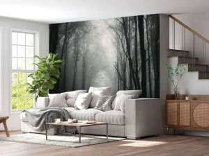 Clearance Mysterieuze Bos met Mist fotobehang Bloemen