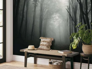 Clearance Mysterieuze Bos met Mist fotobehang Bloemen