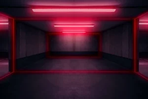New Neon verlichte parkeergarage fotobehang Computerkamer | 3d