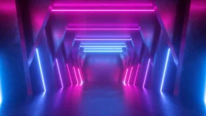 Sale Neon verlichte ruimte met balken fotobehang Computerkamer | 3d